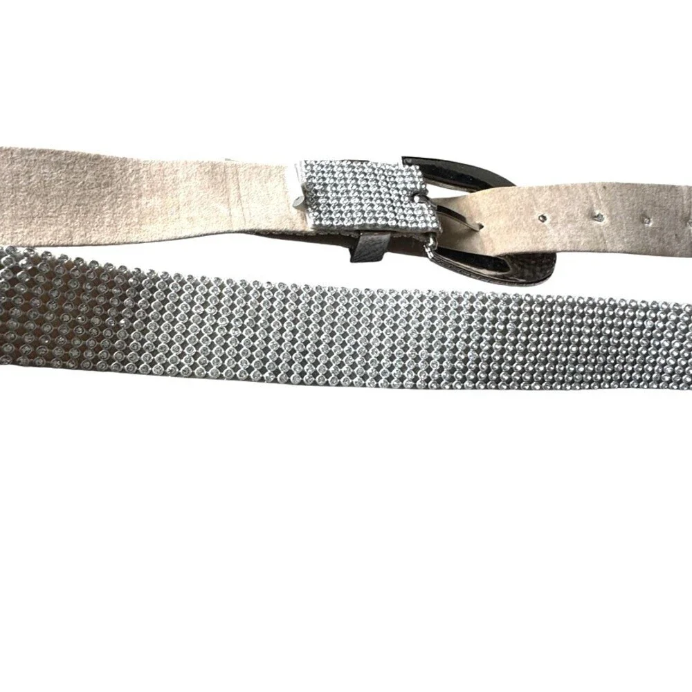 Vintage Y2K Rhinestone Belt Silver Crystal Western Bling Glam M/L Faux Suede